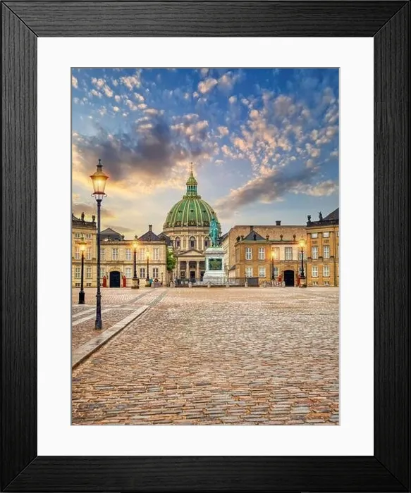 Framed Print : Copenhagen, Denmark - July 02, 2021: Frederik's Church known as The Marble Church and Amalienborg palace with the statue of King Frederick V. Amalienb Framed Print : Copenhagen, Denmark - July 02, 2021: Frederik's Church known as The Marble Church and Amalienborg palace with the statue of King Frederick V. Amalienb