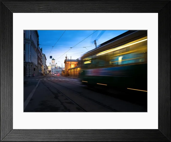 Framed Print : Tram passing Helsinki Senate Square during sunset with Helsinki Cathedral in the background at Finland Framed Print : Tram passing Helsinki Senate Square during sunset with Helsinki Cathedral in the background at Finland