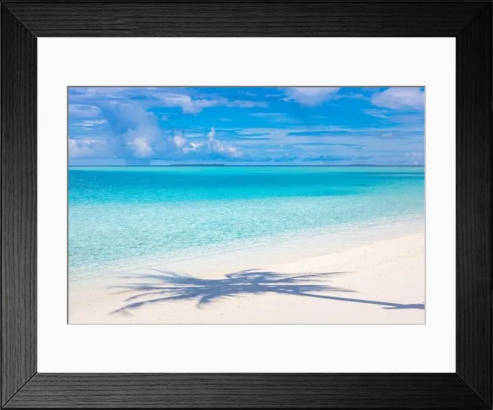 Framed Print : Beach scenery with palm tree shadow. Tropical island paradise. Sunny summer scene, vacation, holiday destination concept. Beach nature, fantastic