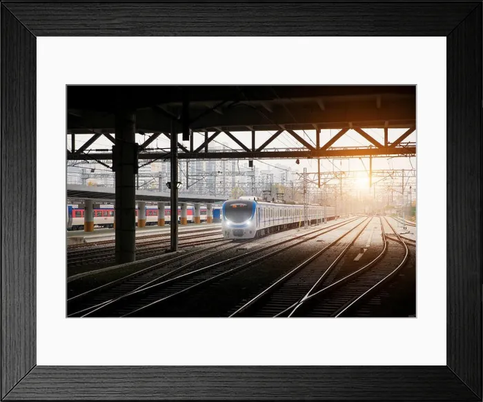 Framed Print : Korea train on railway with skyline at Seoul, South Korea for transportation background Framed Print : Korea train on railway with skyline at Seoul, South Korea for transportation background