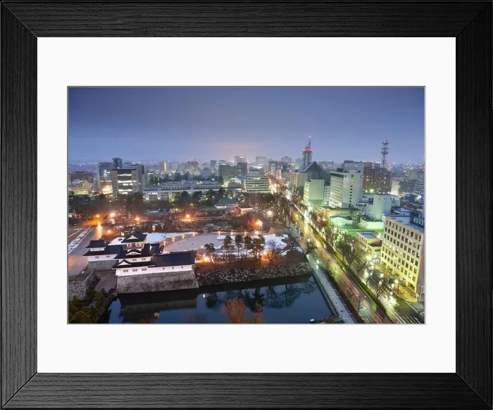 Framed Print : Toyama, Japan downtown city skyline at twilight over the castle Framed Print : Toyama, Japan downtown city skyline at twilight over the castle