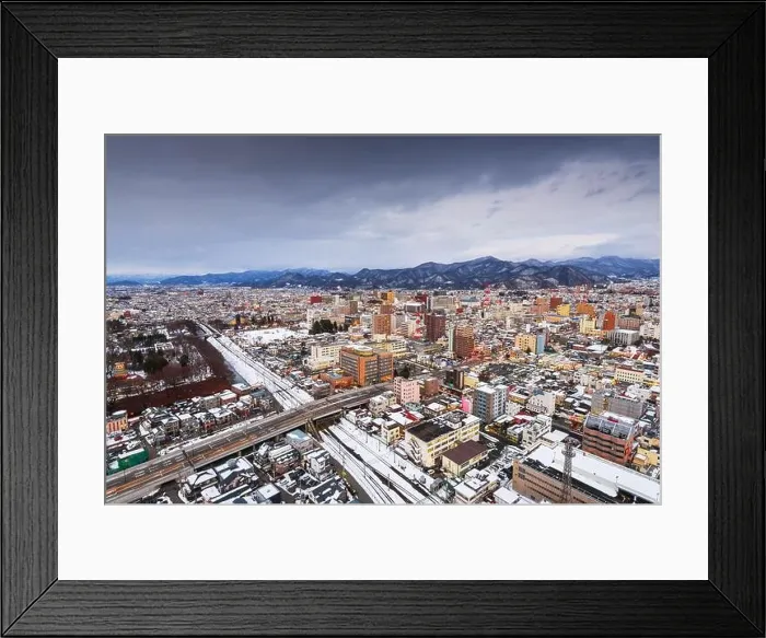 Framed Print : Yamagata, Japan downtown city skyline at twilight in winter Framed Print : Yamagata, Japan downtown city skyline at twilight in winter