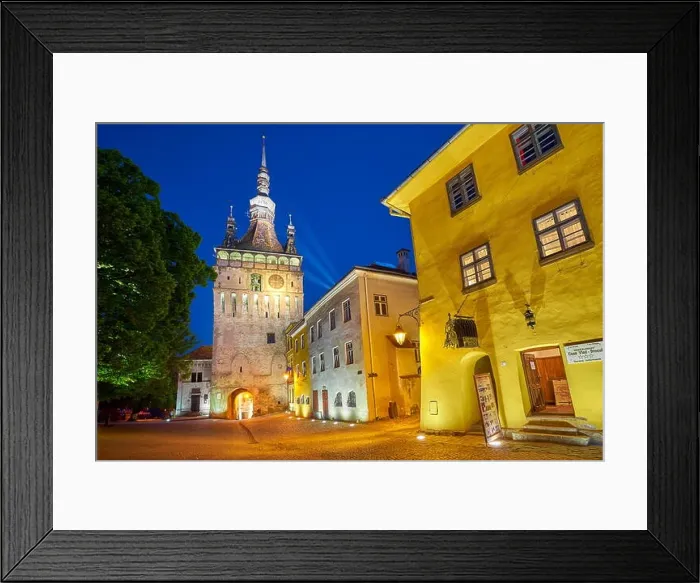 Framed Print : Clock Tower, Sighisoara old town at evening, Transylvania, Romania