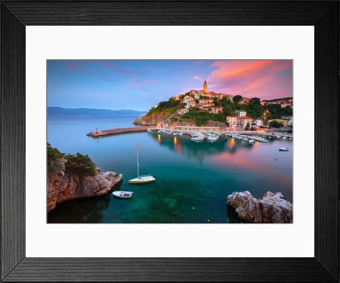 Framed Print : Vrbnik, Croatia. Aerial cityscape image of iconic village of Vrbnik, Croatia located on Krk Island at summer sunset Framed Print : Vrbnik, Croatia. Aerial cityscape image of iconic village of Vrbnik, Croatia located on Krk Island at summer sunset