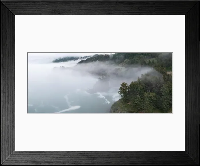 Framed Print : Fog drifts across the scenic coast of southern Oregon. This rugged and rocky part of the Pacific Northwest is found along the beautiful route 101