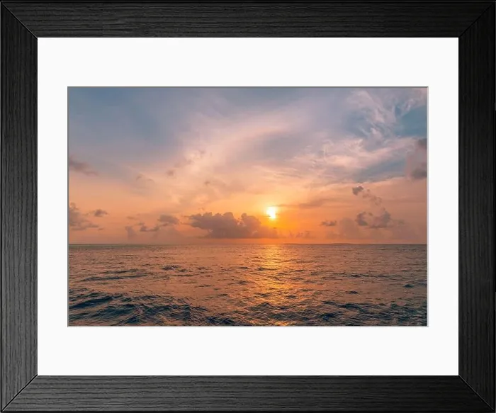 Framed Print : Closeup sea beach. Panoramic beach landscape. Inspire tropical beach seascape horizon. Orange and golden sunset sky calmness tranquil relaxing