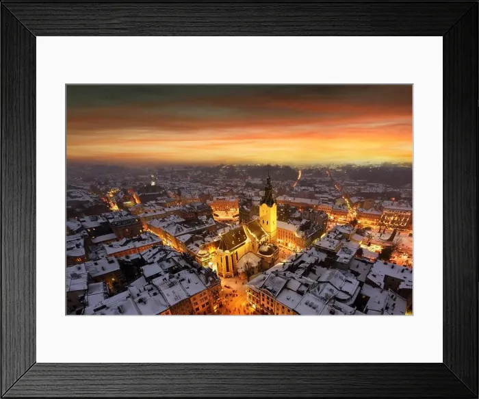 Framed Print : Gorgeus cityscape of winter Lviv city from top of town hall during sunset, Ukraine. Landscape photography Framed Print : Gorgeus cityscape of winter Lviv city from top of town hall during sunset, Ukraine. Landscape photography