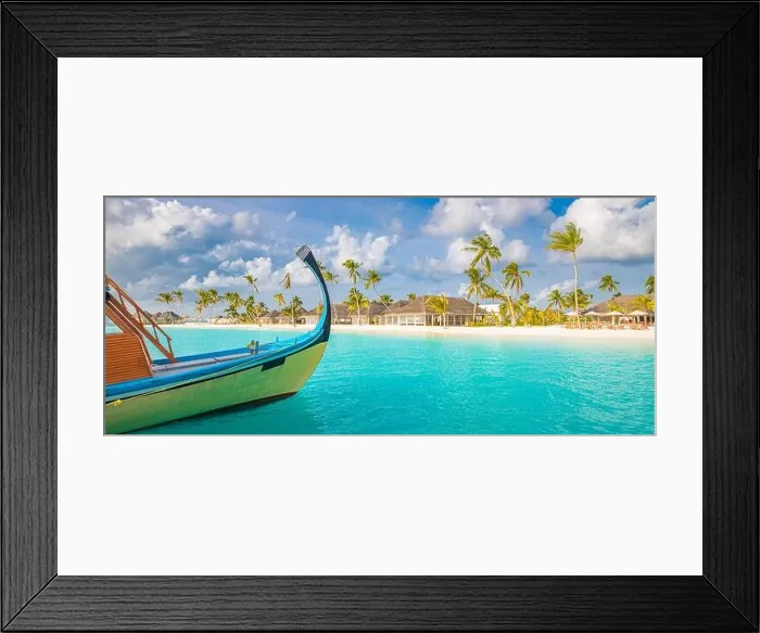 Framed Print : Inspirational Maldives beach design. Maldives traditional boat Dhoni and perfect blue sea with lagoon. Luxury tropical resort hotel paradise view Framed Print : Inspirational Maldives beach design. Maldives traditional boat Dhoni and perfect blue sea with lagoon. Luxury tropical resort hotel paradise view