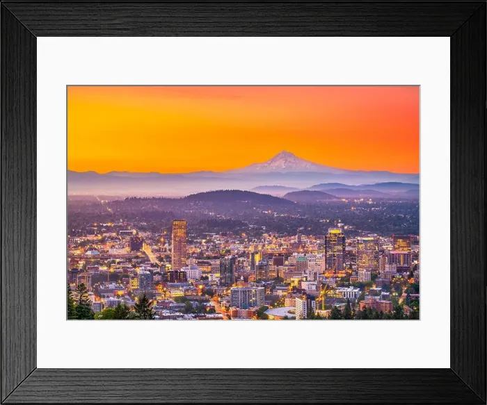 Framed Print : Portland, Oregon, USA downtown skyline with Mt. Hood at dawn Framed Print : Portland, Oregon, USA downtown skyline with Mt. Hood at dawn