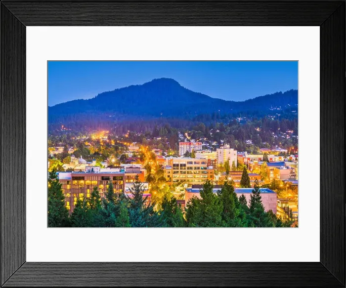 Framed Print : Eugene, Oregon, USA downtown cityscape at dusk Framed Print : Eugene, Oregon, USA downtown cityscape at dusk