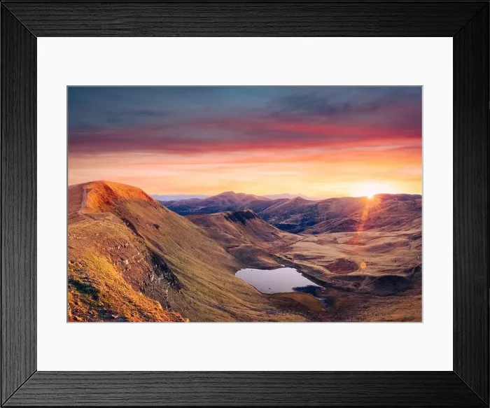 Framed Print : Mountain lake on sunrise time. Picturesque autumn landscape with sun in morning sky, Carpathian mountains Framed Print : Mountain lake on sunrise time. Picturesque autumn landscape with sun in morning sky, Carpathian mountains