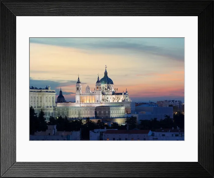 Framed Print : Madrid landmark at night. Landscape of Santa Maria la Real de La Almudena Cathedral and the Royal Palace. Beautiful skyline at Madrid, Spain Framed Print : Madrid landmark at night. Landscape of Santa Maria la Real de La Almudena Cathedral and the Royal Palace. Beautiful skyline at Madrid, Spain
