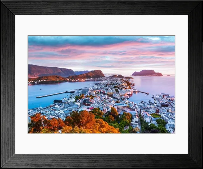 Framed Print : Colorful sunset in Alesund port town on western coast of Norway. Place where the ocean meet the mountains. Landscape photography Framed Print : Colorful sunset in Alesund port town on western coast of Norway. Place where the ocean meet the mountains. Landscape photography