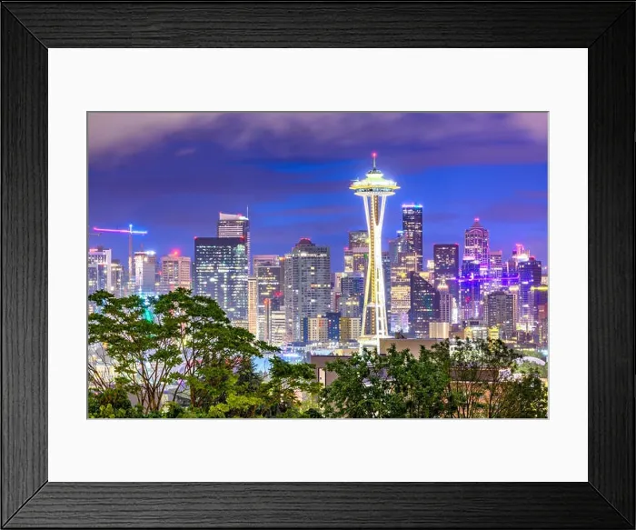 Framed Print : Seattle, Washington, USA downtown skyline at night with Mt. Rainier Framed Print : Seattle, Washington, USA downtown skyline at night with Mt. Rainier