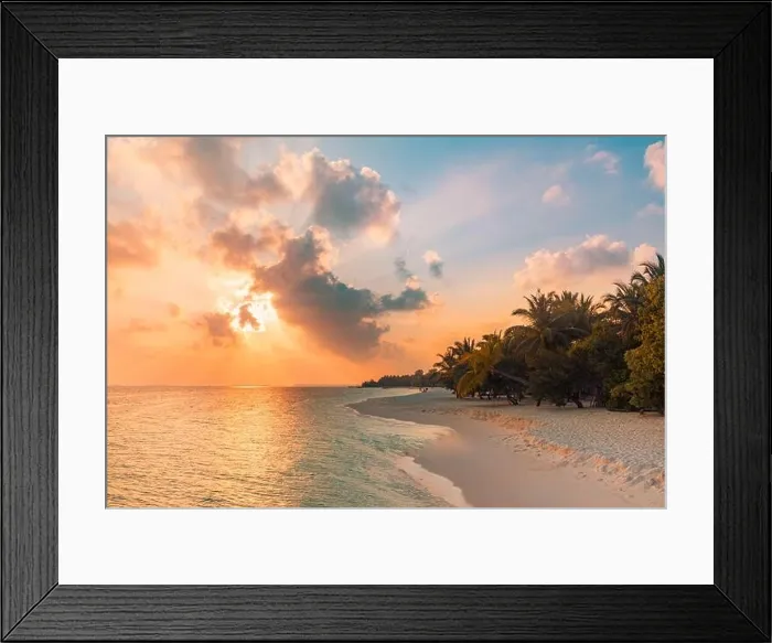 Framed Print : Sunset on the beach. Paradise landscape beach. Tropical paradise, white sand, beach, palm trees and clear water under sun rays with idyllic summer Framed Print : Sunset on the beach. Paradise landscape beach. Tropical paradise, white sand, beach, palm trees and clear water under sun rays with idyllic summer