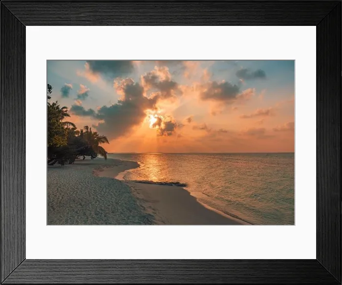 Framed Print : Sunset on the beach. Paradise landscape beach. Tropical paradise, white sand, beach, palm trees and clear water under sun rays with idyllic summer Framed Print : Sunset on the beach. Paradise landscape beach. Tropical paradise, white sand, beach, palm trees and clear water under sun rays with idyllic summer