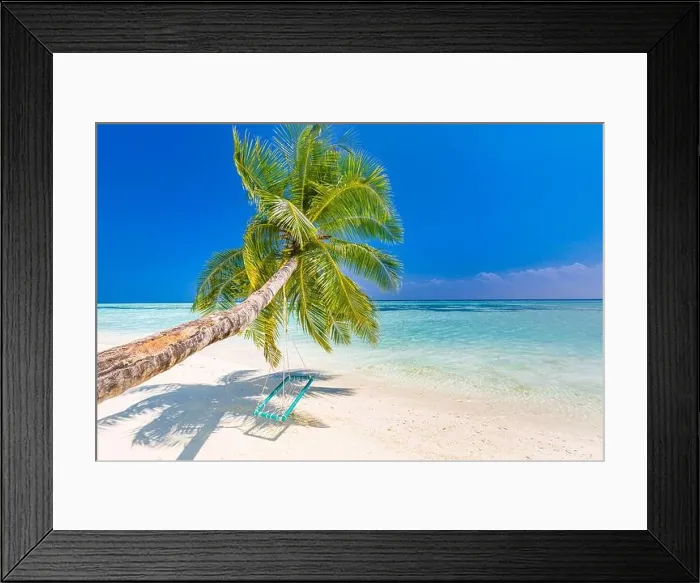 Framed Print : Tropical beach background as summer relax landscape with beach swing or hammock and white sand and calm sea for beach template. Amazing beach scenic Framed Print : Tropical beach background as summer relax landscape with beach swing or hammock and white sand and calm sea for beach template. Amazing beach scenic