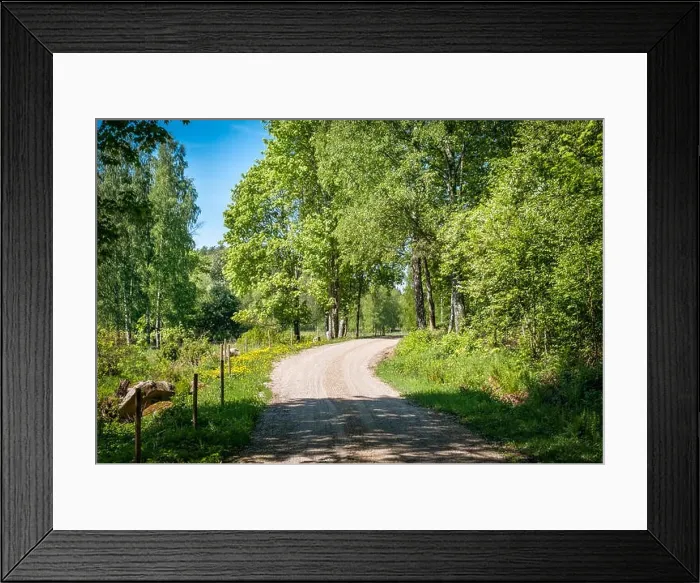 Framed Print : Scenic countryside landscape with curvy road and fence at sunny summer day at Finland