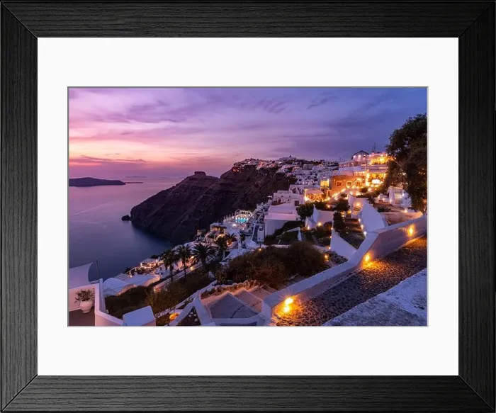 Framed Print : Fantastic evening view of Santorini island. Picturesque spring sunset on famous view resort Fira, Greece, Europe. Traveling concept background. Sunset Framed Print : Fantastic evening view of Santorini island. Picturesque spring sunset on famous view resort Fira, Greece, Europe. Traveling concept background. Sunset