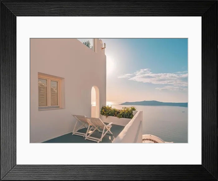 Framed Print : Two deckchairs on the roof. Beautiful terrace with sea view, fantastic sunset landscape, chairs for couple. Romantic sunset view, Summer vacation Framed Print : Two deckchairs on the roof. Beautiful terrace with sea view, fantastic sunset landscape, chairs for couple. Romantic sunset view, Summer vacation