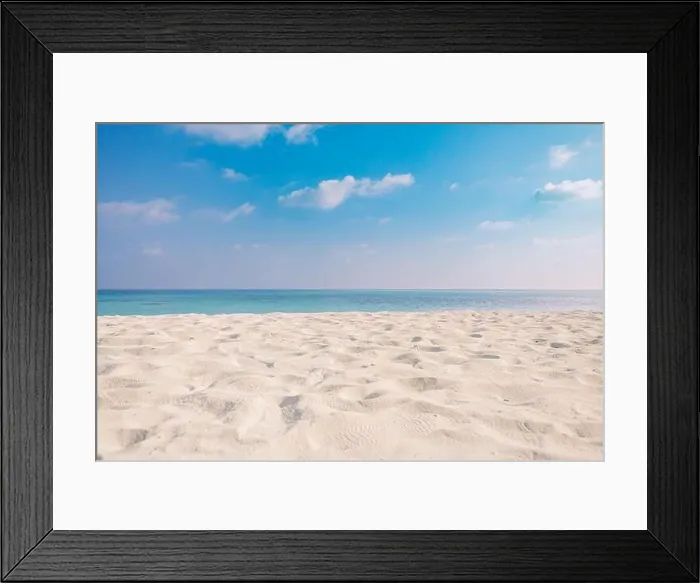 Framed Print : Closeup of sand on beach and blue summer sky. Panoramic beach landscape. Empty tropical beach and seascape. Orange and golden sunset sky, soft sand Framed Print : Closeup of sand on beach and blue summer sky. Panoramic beach landscape. Empty tropical beach and seascape. Orange and golden sunset sky, soft sand