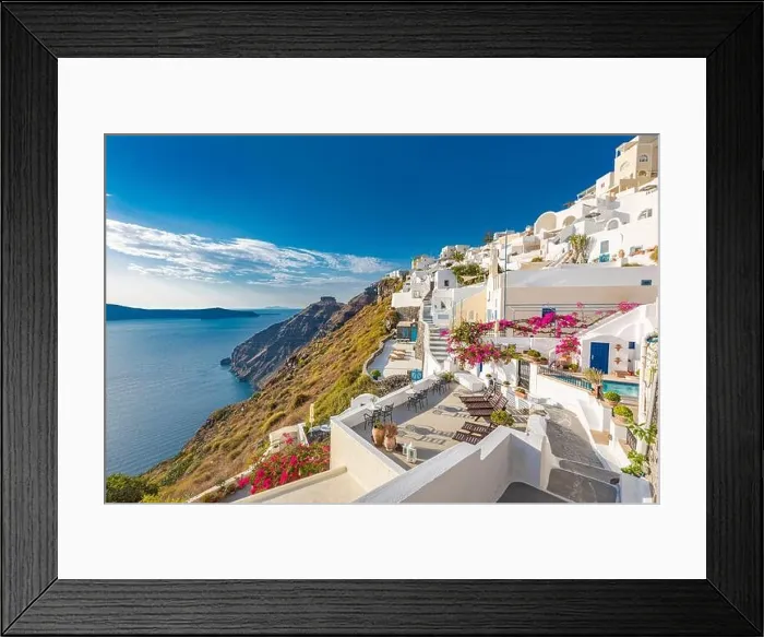 Framed Print : Summer vacation for travel destination flowers background. Wonderful scenery background, perfect holiday. Scenic view of traditional cycladic houses Framed Print : Summer vacation for travel destination flowers background. Wonderful scenery background, perfect holiday. Scenic view of traditional cycladic houses