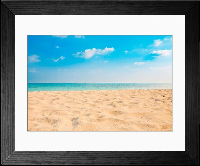 Framed Print : Closeup of sand on beach and blue summer sky. Panoramic beach landscape. Empty tropical beach and seascape. Orange and golden sunset sky, soft sand Framed Print : Closeup of sand on beach and blue summer sky. Panoramic beach landscape. Empty tropical beach and seascape. Orange and golden sunset sky, soft sand