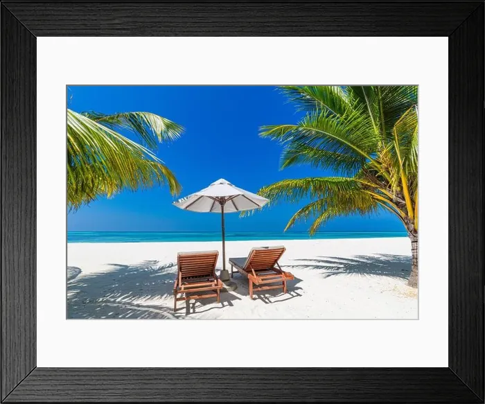Framed Print : Tropical beach nature as summer landscape with lounge chairs and palm trees and calm sea for beach banner. Luxurious travel vacation holiday landscape Framed Print : Tropical beach nature as summer landscape with lounge chairs and palm trees and calm sea for beach banner. Luxurious travel vacation holiday landscape