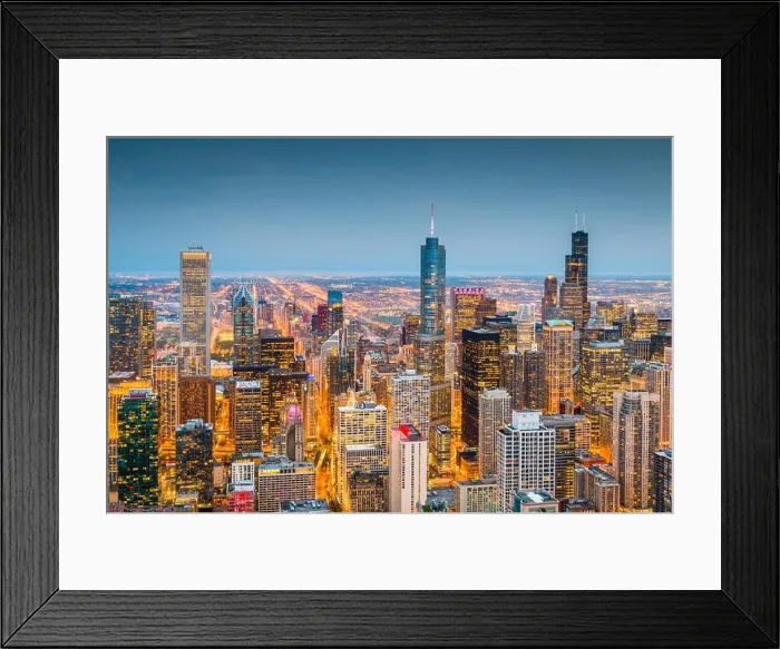 Framed Print : Chicago, Illinois, USA skyline from above with Lake Michigan at dusk Framed Print : Chicago, Illinois, USA skyline from above with Lake Michigan at dusk