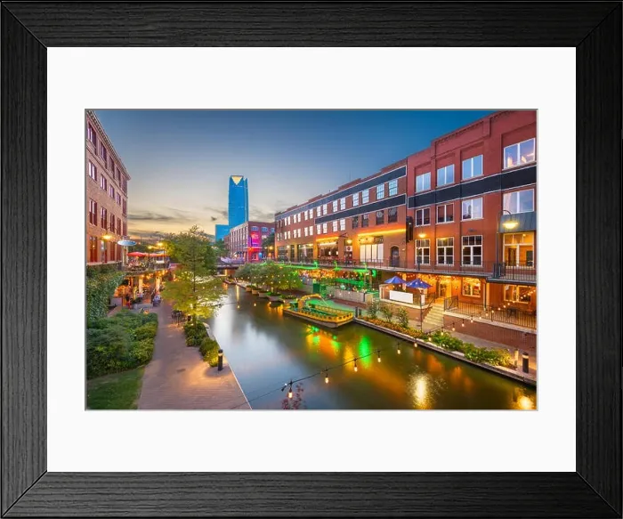 Framed Print : Oklahoma City, Oklahoma, USA cityscape in Bricktown at dusk Framed Print : Oklahoma City, Oklahoma, USA cityscape in Bricktown at dusk