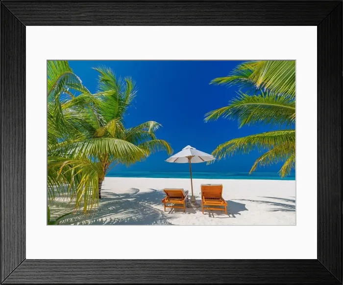 Framed Print : Tropical beach nature as summer landscape with lounge chairs and palm trees and calm sea for beach banner. Luxurious travel vacation holiday landscape