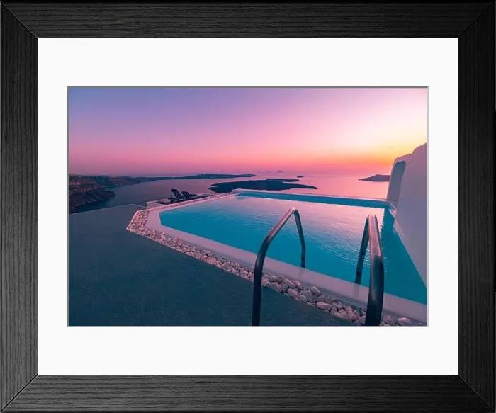 Framed Print : Sunset poolside vacation at Santorini, infinity swimming pool looking over the caldera ocean of Santorini. Amazing summer travel background, tranquil Framed Print : Sunset poolside vacation at Santorini, infinity swimming pool looking over the caldera ocean of Santorini. Amazing summer travel background, tranquil