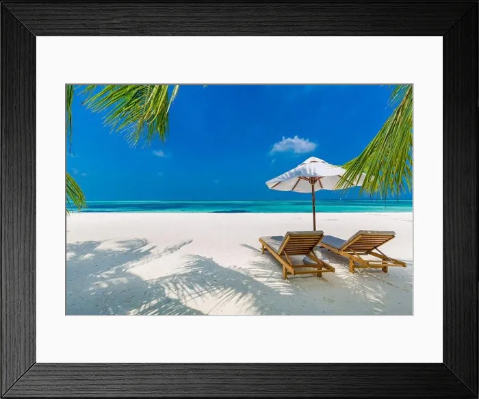 Framed Print : Tropical beach nature as summer landscape with lounge chairs and palm trees and calm sea for beach banner. Luxurious travel vacation holiday landscape Framed Print : Tropical beach nature as summer landscape with lounge chairs and palm trees and calm sea for beach banner. Luxurious travel vacation holiday landscape