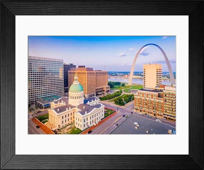 Framed Print : St. Louis, Missouri, USA downtown cityscape with the arch and courthouse at dusk