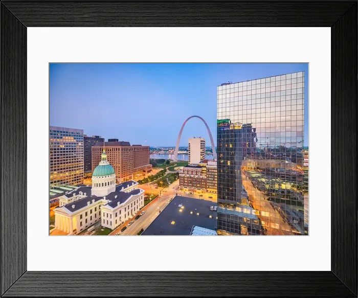 Framed Print : St. Louis, Missouri, USA downtown cityscape with the arch and courthouse at dusk Framed Print : St. Louis, Missouri, USA downtown cityscape with the arch and courthouse at dusk