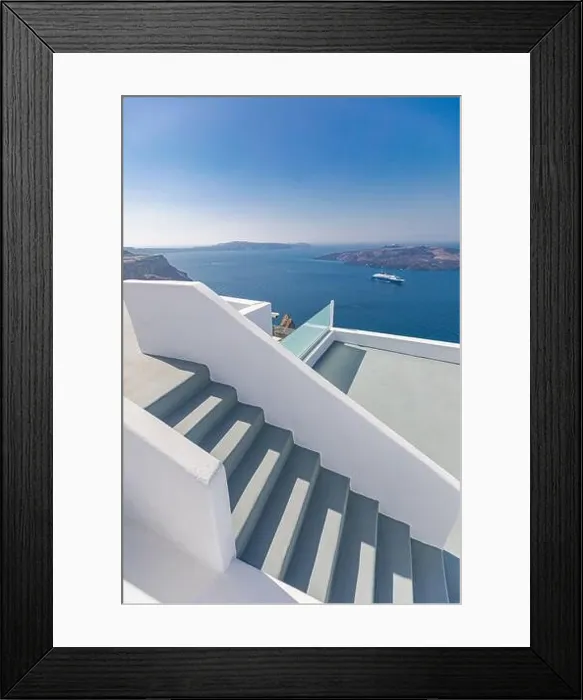 Framed Print : Beautiful white caldera view of Santorini in Greece. Summer vacation for travel destination background concept. Wonderful scenery background, perfect Framed Print : Beautiful white caldera view of Santorini in Greece. Summer vacation for travel destination background concept. Wonderful scenery background, perfect