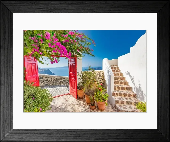 Framed Print : Fantastic travel background, Santorini urban landscape. Red door, gate with stairs white architecture under blue sky. Idyllic summer vacation luxury Framed Print : Fantastic travel background, Santorini urban landscape. Red door, gate with stairs white architecture under blue sky. Idyllic summer vacation luxury