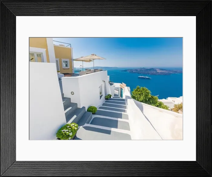 Framed Print : Beautiful white caldera view of Santorini in Greece. Summer vacation for travel destination background concept. Wonderful scenery background, perfect Framed Print : Beautiful white caldera view of Santorini in Greece. Summer vacation for travel destination background concept. Wonderful scenery background, perfect