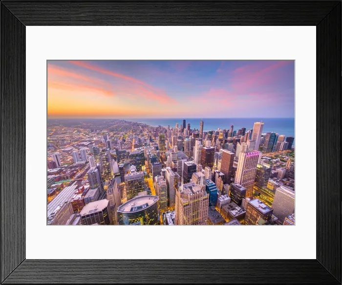 Framed Print : Chicago, Illinois, USA skyline from above with Lake Michigan at dusk Framed Print : Chicago, Illinois, USA skyline from above with Lake Michigan at dusk