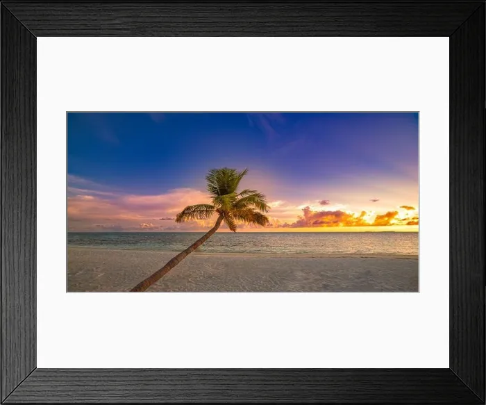 Framed Print : Long palm tree over soft sandy beach with seascape under sunset sky. Tropical island landscape, exotic nature scenic. Summer nature sunrise, relaxing