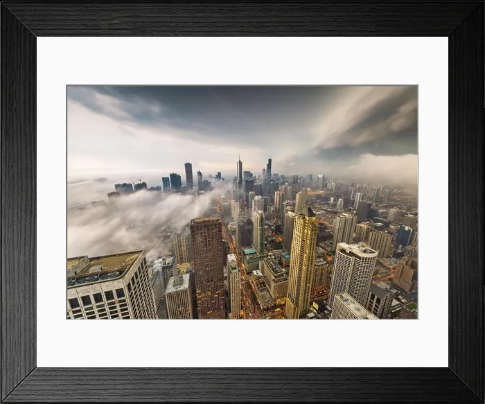 Framed Print : Chicago, Illinois, USA skyline from above with storm clouds and fog rolling in Framed Print : Chicago, Illinois, USA skyline from above with storm clouds and fog rolling in