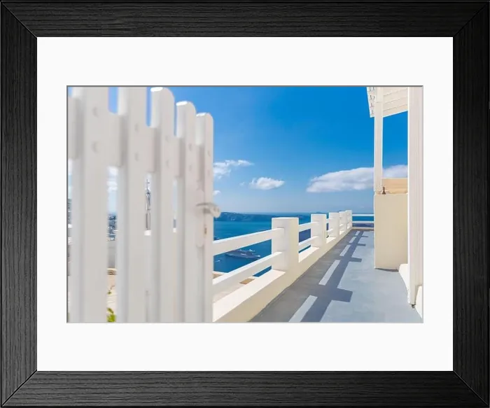 Framed Print : Fantastic travel background, Santorini urban landscape. Red door, gate with stairs white architecture under blue sky. Idyllic summer vacation luxury Framed Print : Fantastic travel background, Santorini urban landscape. Red door, gate with stairs white architecture under blue sky. Idyllic summer vacation luxury