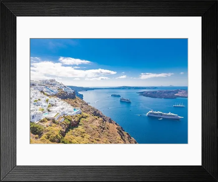 Framed Print : Amazing view of Santorini island. Picturesque summer on famous view resort Fira, Greece, Europe. Stunning sea bay, sky and cruise ships travel tourism Framed Print : Amazing view of Santorini island. Picturesque summer on famous view resort Fira, Greece, Europe. Stunning sea bay, sky and cruise ships travel tourism