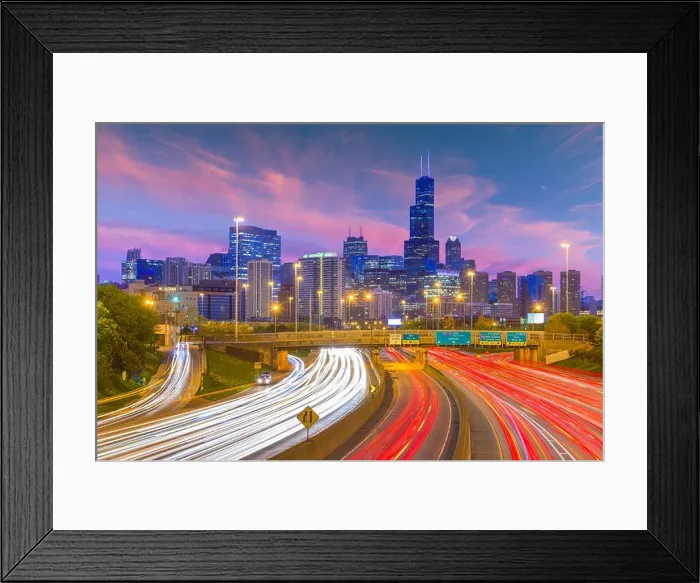 Framed Print : Chicago, Illinois, USA downtown skyline over highways at twilight Framed Print : Chicago, Illinois, USA downtown skyline over highways at twilight