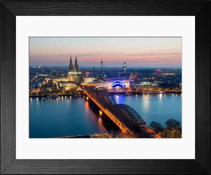 Framed Print : Image of Cologne with Cologne Cathedral with Rhine river and Hohenzollern bridge during twilight blue hour in Germany