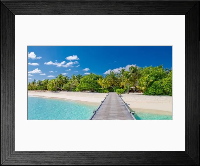 Framed Print : Amazing panorama at Maldives. Luxury resort villas seascape with palm trees, white sand and blue sky. Beautiful summer landscape. Amazing beach scenic Framed Print : Amazing panorama at Maldives. Luxury resort villas seascape with palm trees, white sand and blue sky. Beautiful summer landscape. Amazing beach scenic