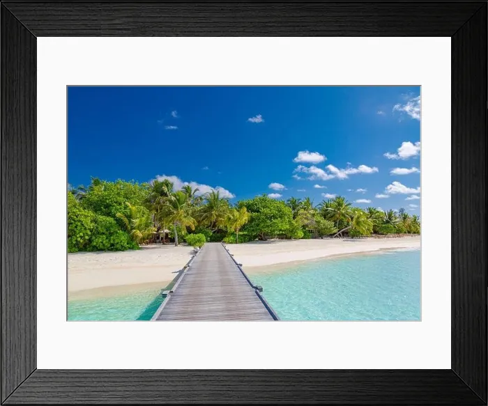 Framed Print : Amazing panorama at Maldives. Luxury resort villas seascape with palm trees, white sand and blue sky. Beautiful summer landscape. Amazing beach scenic Framed Print : Amazing panorama at Maldives. Luxury resort villas seascape with palm trees, white sand and blue sky. Beautiful summer landscape. Amazing beach scenic