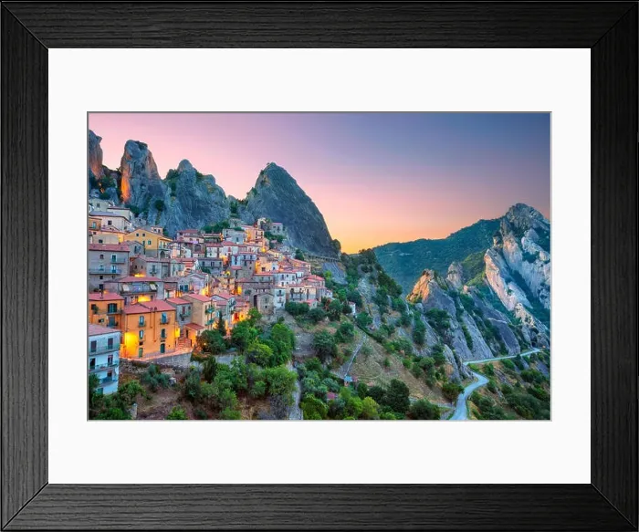 Framed Print : Castelmezzano, Italy. Cityscape aerial image of medieval city of Castelmazzano, Italy during beautiful sunrise Framed Print : Castelmezzano, Italy. Cityscape aerial image of medieval city of Castelmazzano, Italy during beautiful sunrise