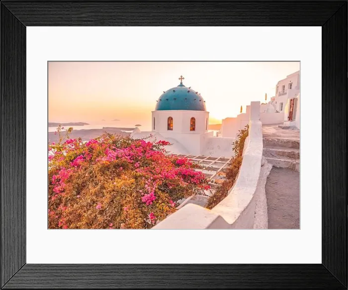 Framed Print : Amazing view with white houses, sunset on the famous Greek dome resort flowes Greece, Europe. Traveling background. Artistic summer landscape vacation Framed Print : Amazing view with white houses, sunset on the famous Greek dome resort flowes Greece, Europe. Traveling background. Artistic summer landscape vacation