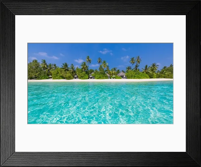 Framed Print : Tropical beach, Maldives. tranquil paradise island. Palm trees, white sand and blue sea, perfect summer vacation landscape or holiday travel banner Framed Print : Tropical beach, Maldives. tranquil paradise island. Palm trees, white sand and blue sea, perfect summer vacation landscape or holiday travel banner